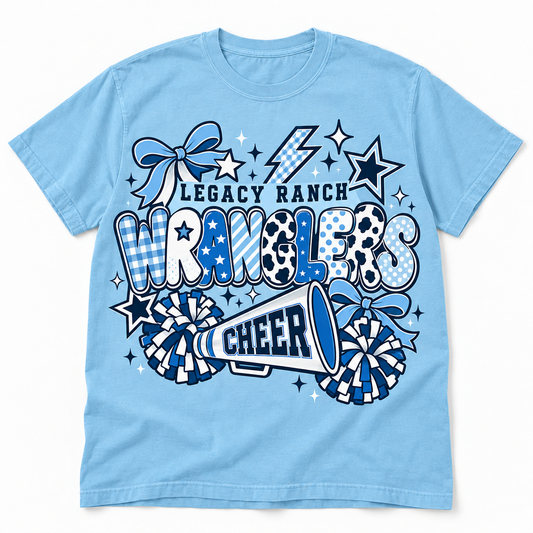 Light blue Legacy Ranch Cheer retro Wranglers graphic tee with bows, stars, pom-poms and megaphone