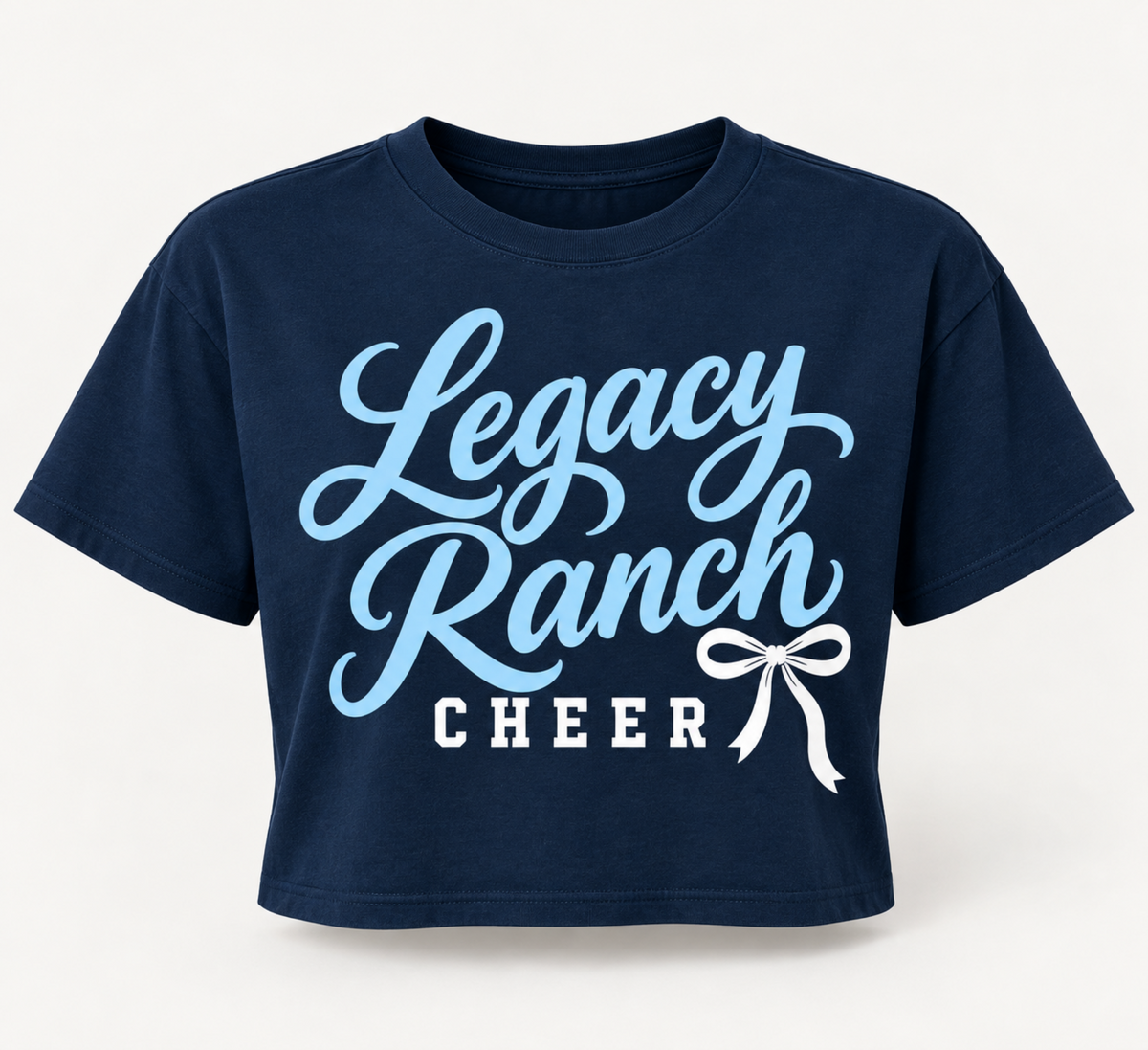 Legacy Ranch Cheer navy crop tee with light blue script and white ribbon bow