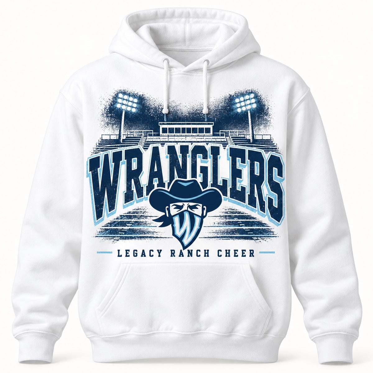 White Legacy Ranch Cheer hoodie with stadium graphic, Wranglers lettering, and Wrangler mascot