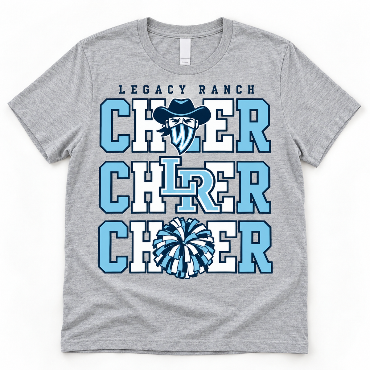 Sport gray Legacy Ranch triple CHEER tee with Wrangler face, LR logo and pom-pom