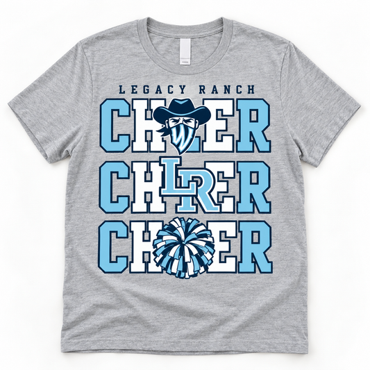 Sport gray Legacy Ranch triple CHEER tee with Wrangler face, LR logo and pom-pom