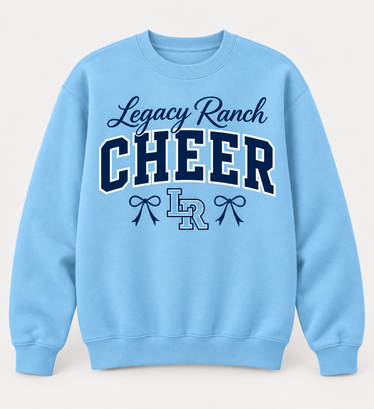 Legacy Ranch Cheer light blue crewneck sweatshirt with navy varsity lettering and bow accents