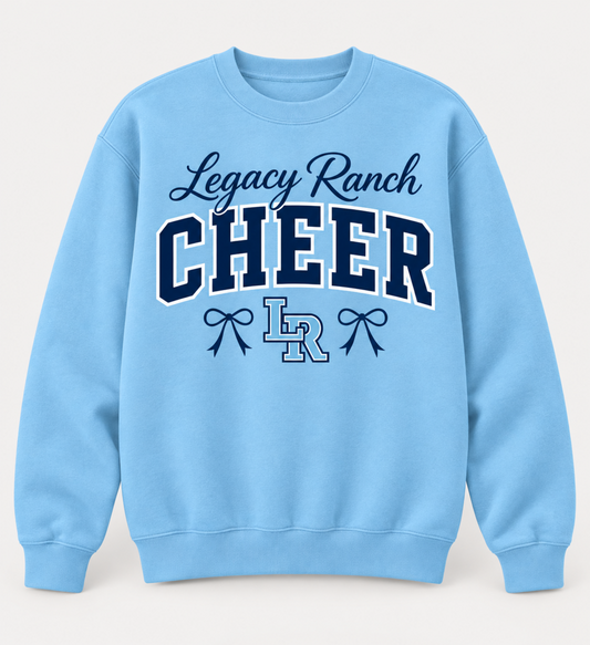 Legacy Ranch Cheer light blue crewneck sweatshirt with navy varsity lettering and bow accents