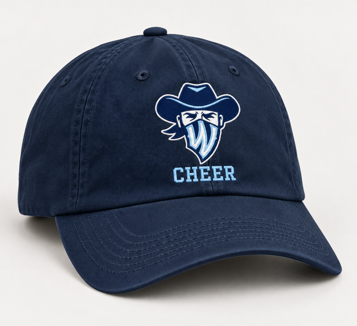 Legacy Ranch Cheer navy cap with embroidered Wrangler mascot