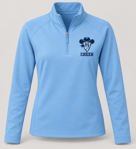 Light blue women's Legacy Ranch Cheer quarter-zip with left chest Wrangler mascot embroidery