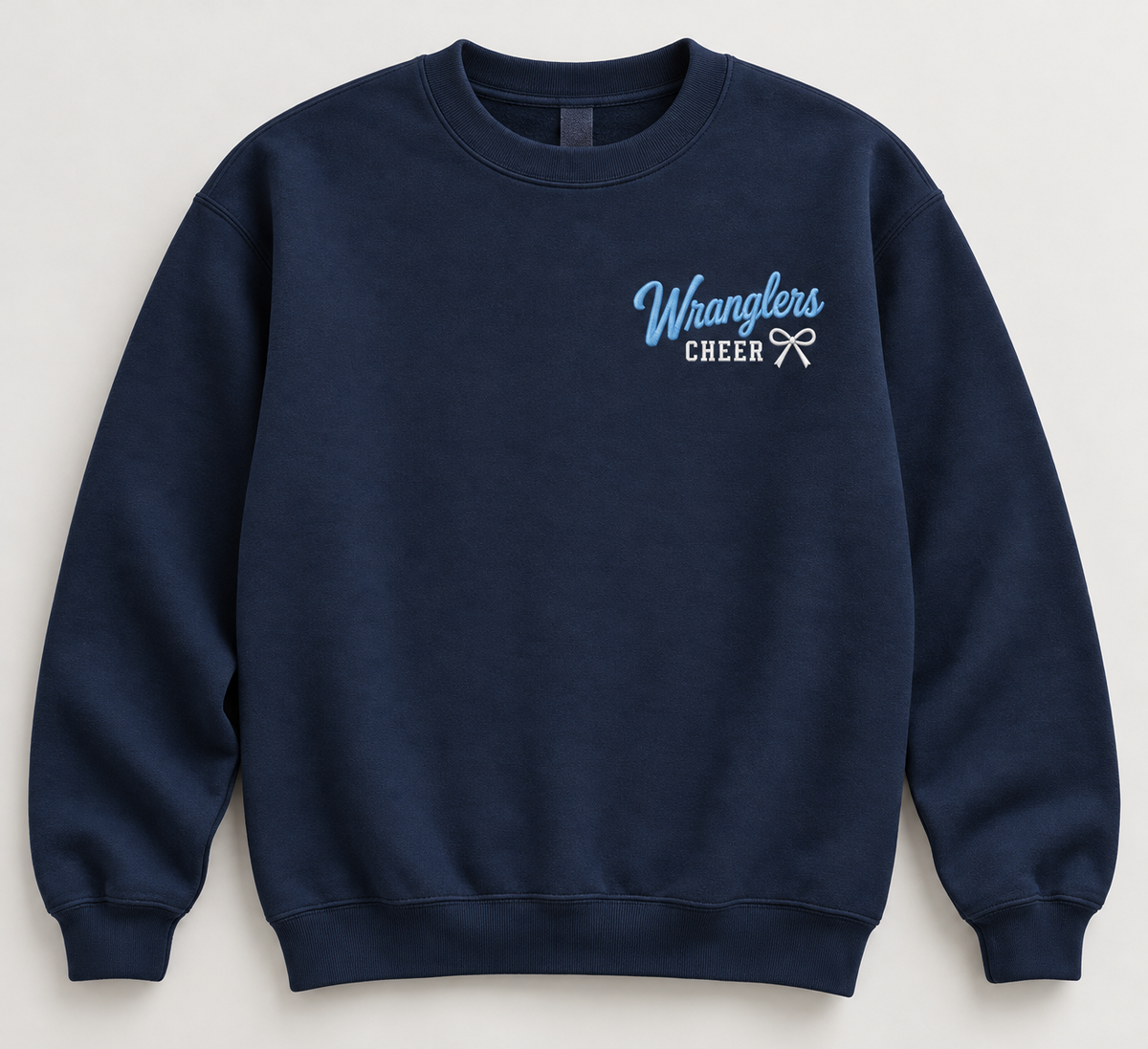 Navy Wranglers Cheer crewneck with light blue script, white CHEER lettering and small embroidered bow on the left chest