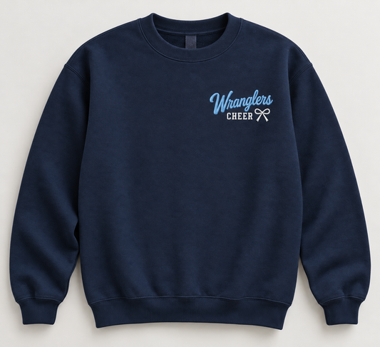 Navy Wranglers Cheer crewneck with light blue script, white CHEER lettering and small embroidered bow on the left chest