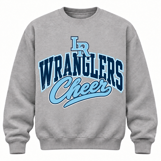 Heather gray Legacy Ranch crewneck with LR logo, navy Wranglers lettering, and light blue Cheer script