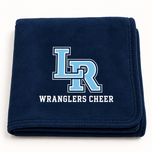 Navy Legacy Ranch stadium blanket with interlocking LR logo and Wranglers Cheer lettering