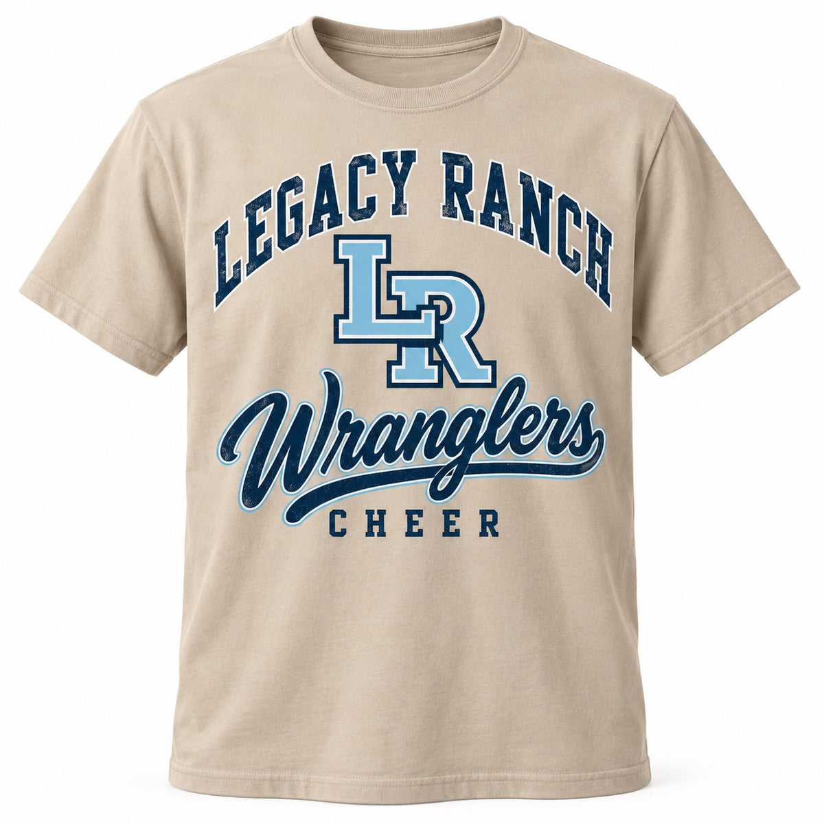 Sand-colored Legacy Ranch Wranglers Cheer graphic T-shirt with navy and light-blue design