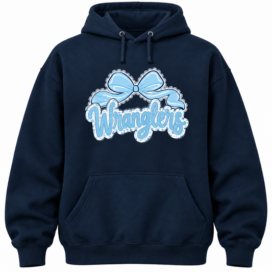 Navy Legacy Ranch Wranglers hoodie with light blue floral script and cheer bow