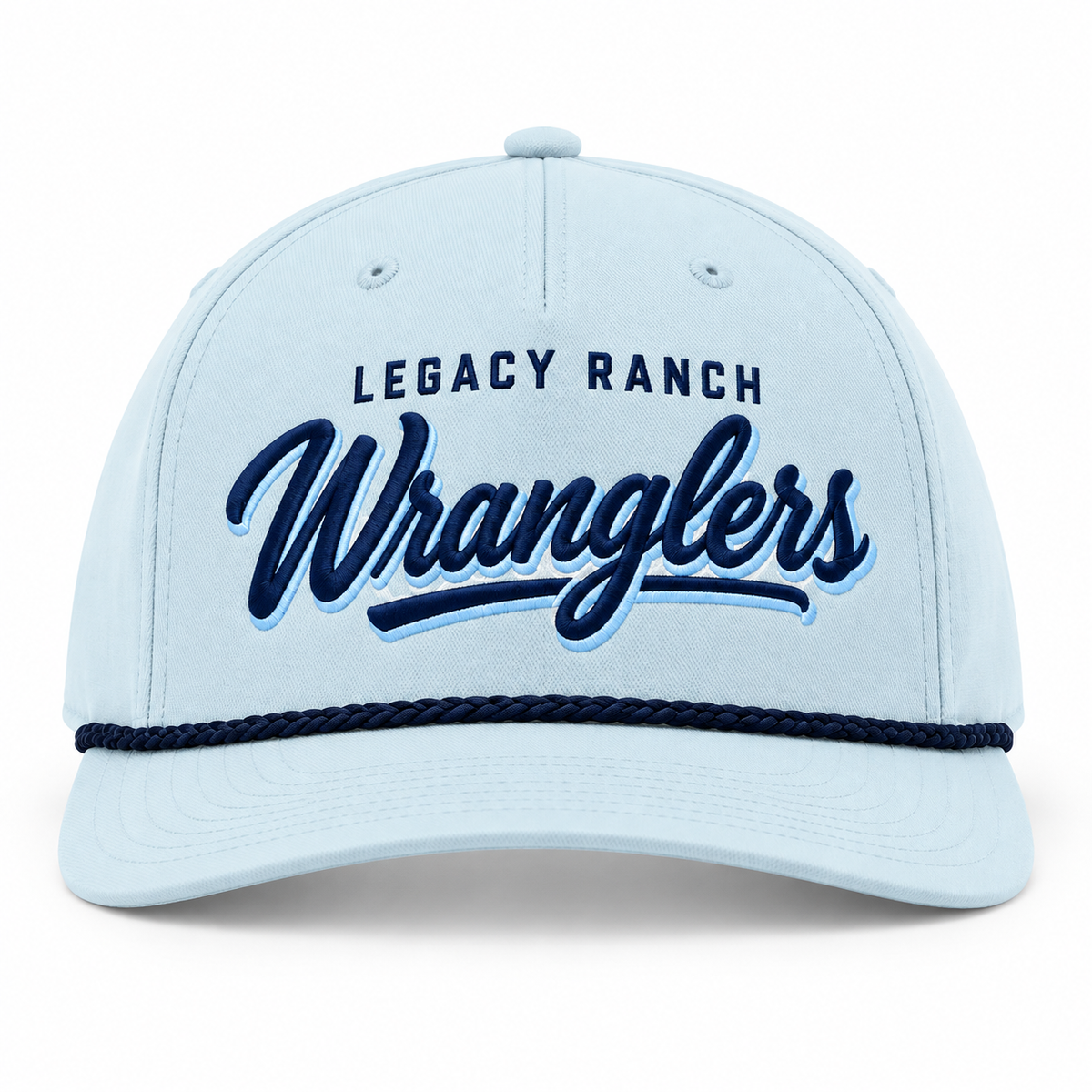Light blue Legacy Ranch Wranglers embroidered rope hat with navy lettering and navy rope