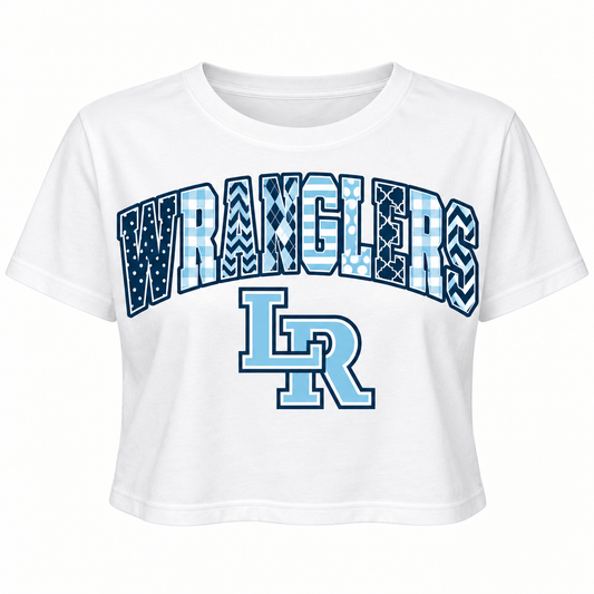 White Legacy Ranch crop tee with patterned Wranglers lettering and interlocking LR logo