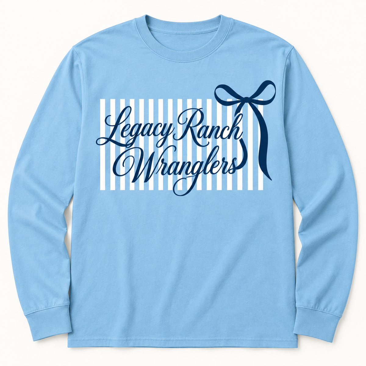 Light blue Legacy Ranch Wranglers long-sleeve tee with white stripes and navy bow