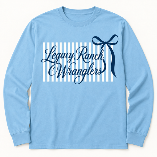 Light blue Legacy Ranch Wranglers long-sleeve tee with white stripes and navy bow