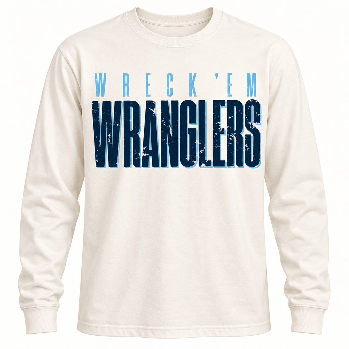 Ivory Legacy Ranch long-sleeve shirt with light blue Wreck 'Em and distressed navy Wranglers print