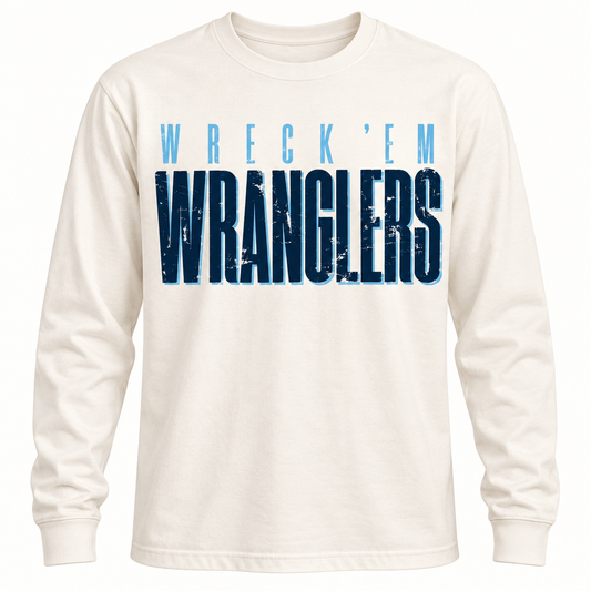 Ivory Legacy Ranch long-sleeve shirt with light blue Wreck 'Em and distressed navy Wranglers print