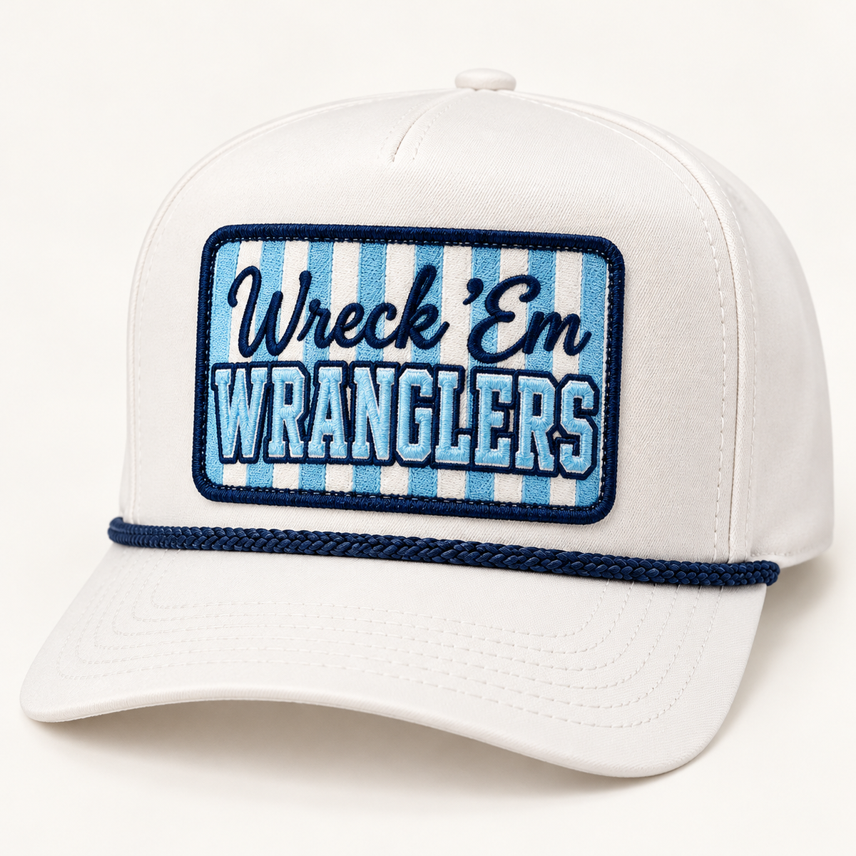 White Legacy Ranch Wreck 'Em Wranglers rope hat with navy and light blue striped patch