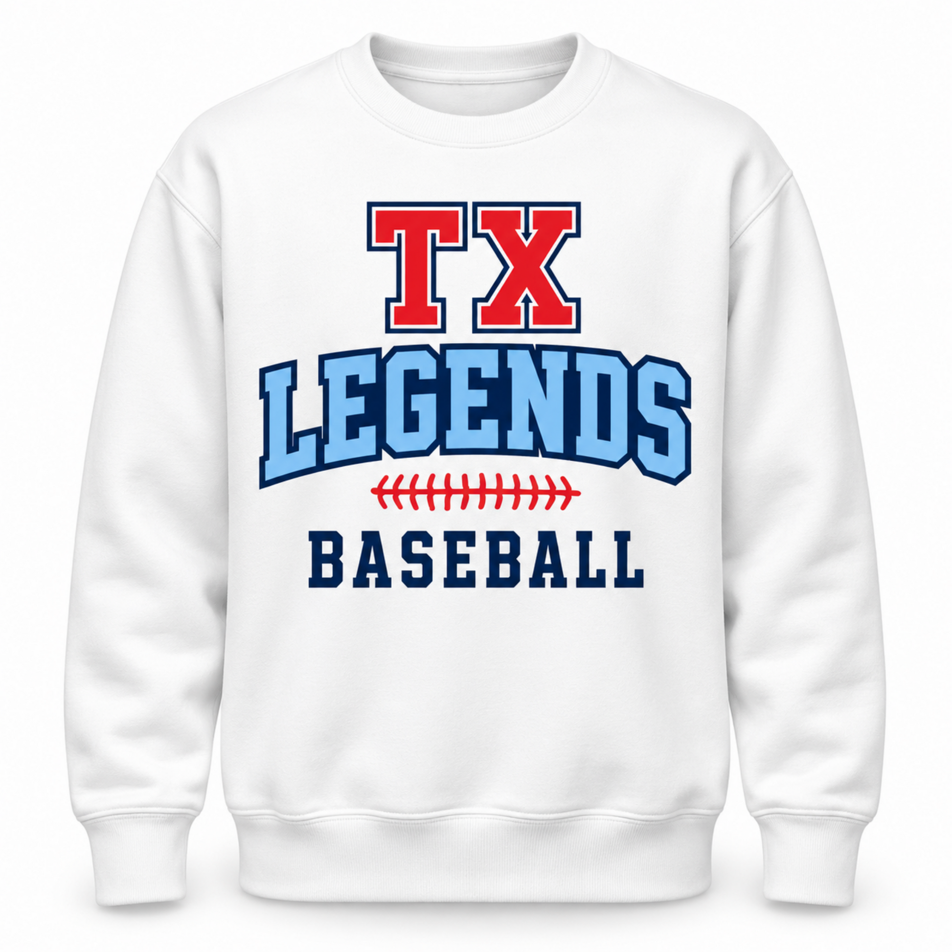 A white crewneck sweatshirt featuring a collegiate-style graphic on the front that reads 'TX LEGENDS BASEBALL' in red and blue lettering, with a small red baseball seam graphic between the words.