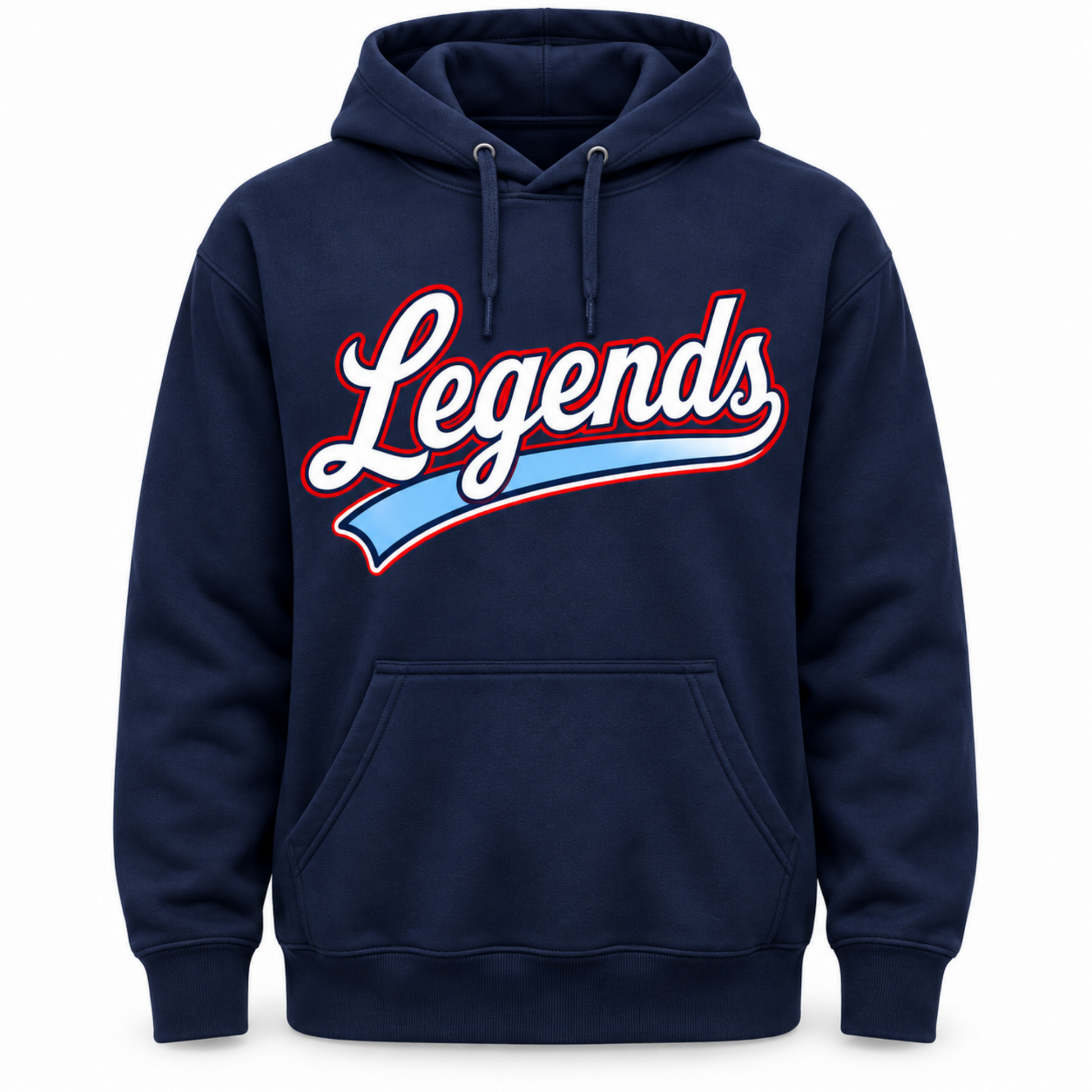 A navy blue pullover hoodie with a front kangaroo pocket and drawstrings, featuring a large 'Legends' graphic across the chest in white with a red outline and a light blue swoosh underneath, shown on a plain white background.