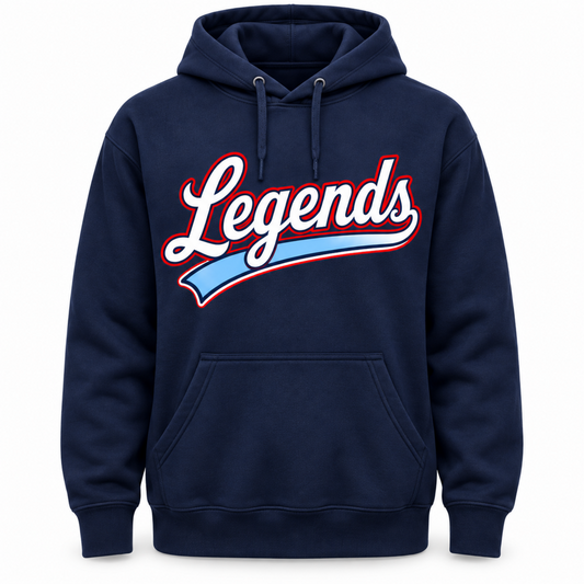 A navy blue pullover hoodie with a front kangaroo pocket and drawstrings, featuring a large 'Legends' graphic across the chest in white with a red outline and a light blue swoosh underneath, shown on a plain white background.