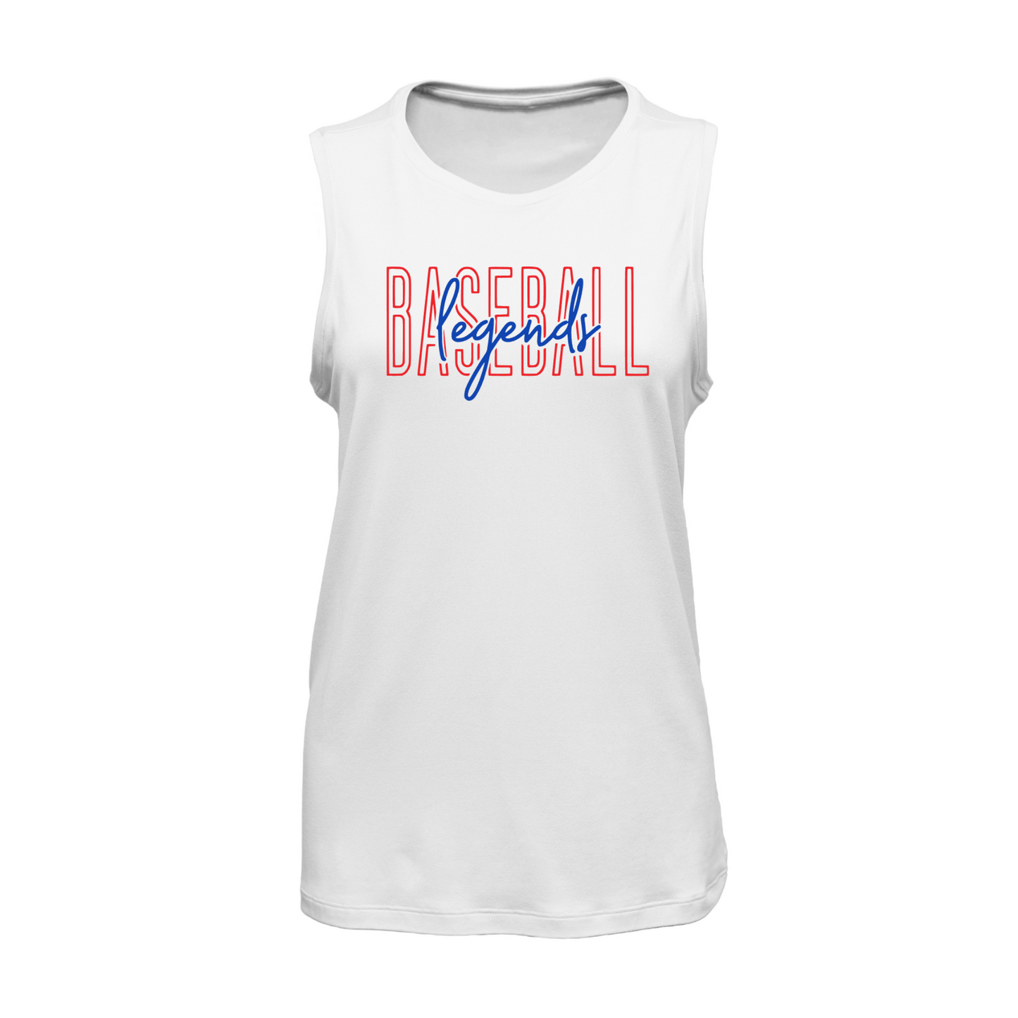 White sleeveless shirt with 'BASEBALL LEGENDS' text on a white background