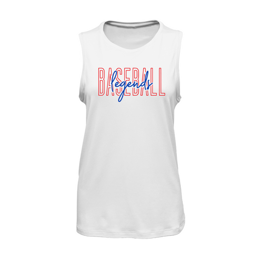 White sleeveless shirt with 'BASEBALL LEGENDS' text on a white background