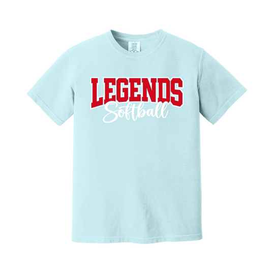 Light blue Comfort Colors Legends Softball shirt with red and white collegiate design