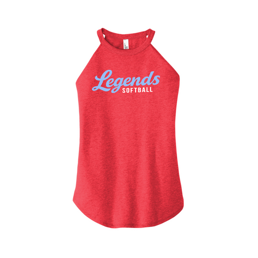 Red Legends Softball women’s rocker tank with light blue and white team logo