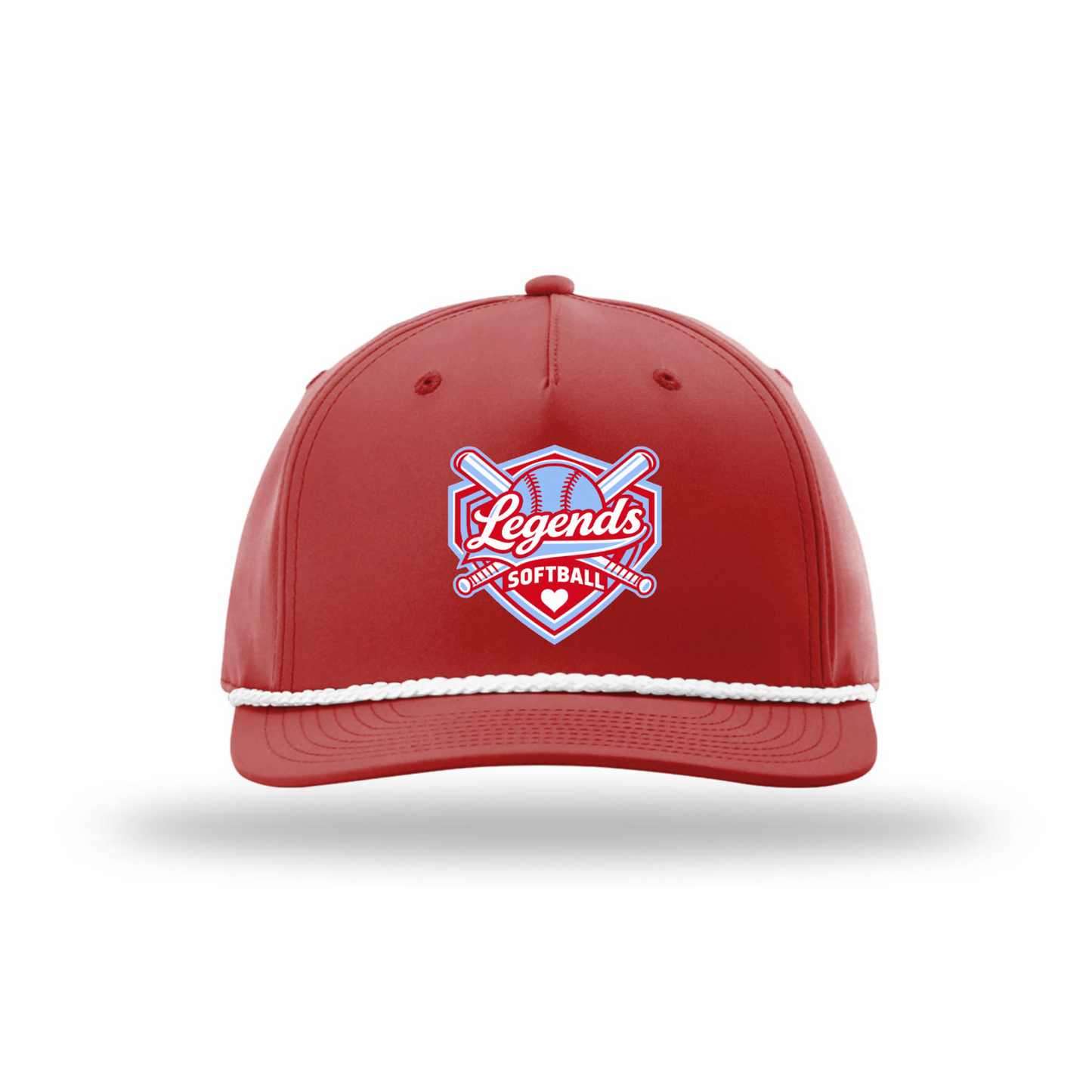 Red Legends Softball rope hat with red white and light blue team logo