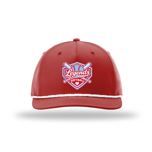 Red Legends Softball rope hat with red white and light blue team logo