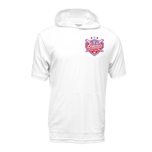 White Legends Softball short sleeve performance hoodie with red and light blue left chest team logo