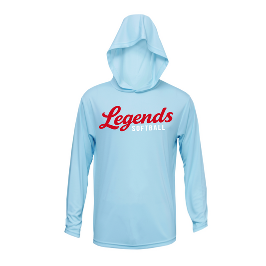 Light blue Legends Softball lightweight performance hooded long sleeve shirt with red and white logo
