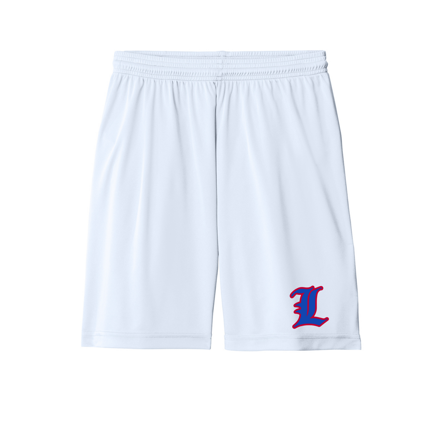 White shorts with a red and blue logo on a white background