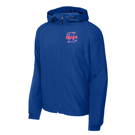 Blue jacket with a logo on the chest against a white background