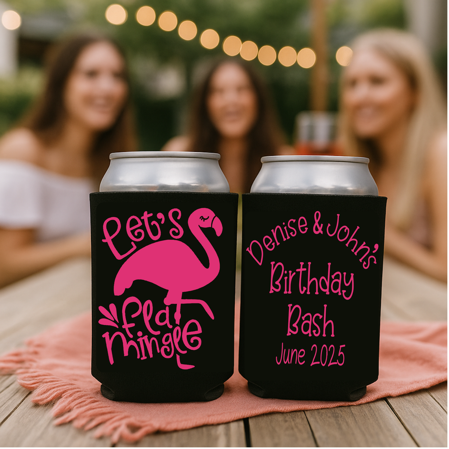 Let’s Flamingle Bachelorette koozies – Personalized Flamingo Can Coolers, Beach Bachelorette Party Favors, Custom Bride Tribe koozie