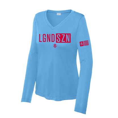 A light blue long-sleeve V-neck t-shirt with 'LGND SZN' printed in red across the chest and a red and white flag graphic on the right sleeve.