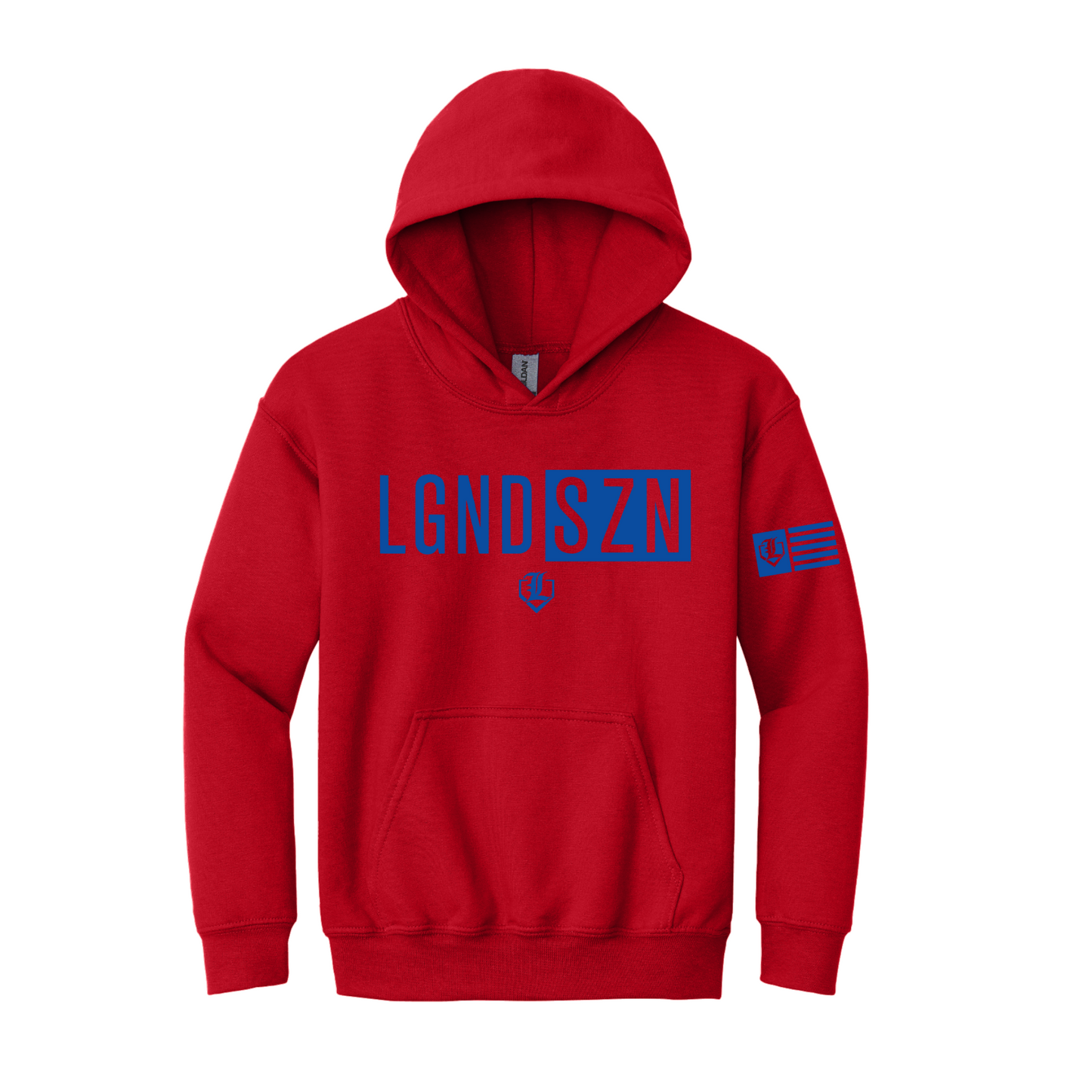 A red pullover hoodie with a blue graphic print reading 'LGNDSZN' across the chest and a small flag-style patch on the right sleeve, shown on a plain white background.