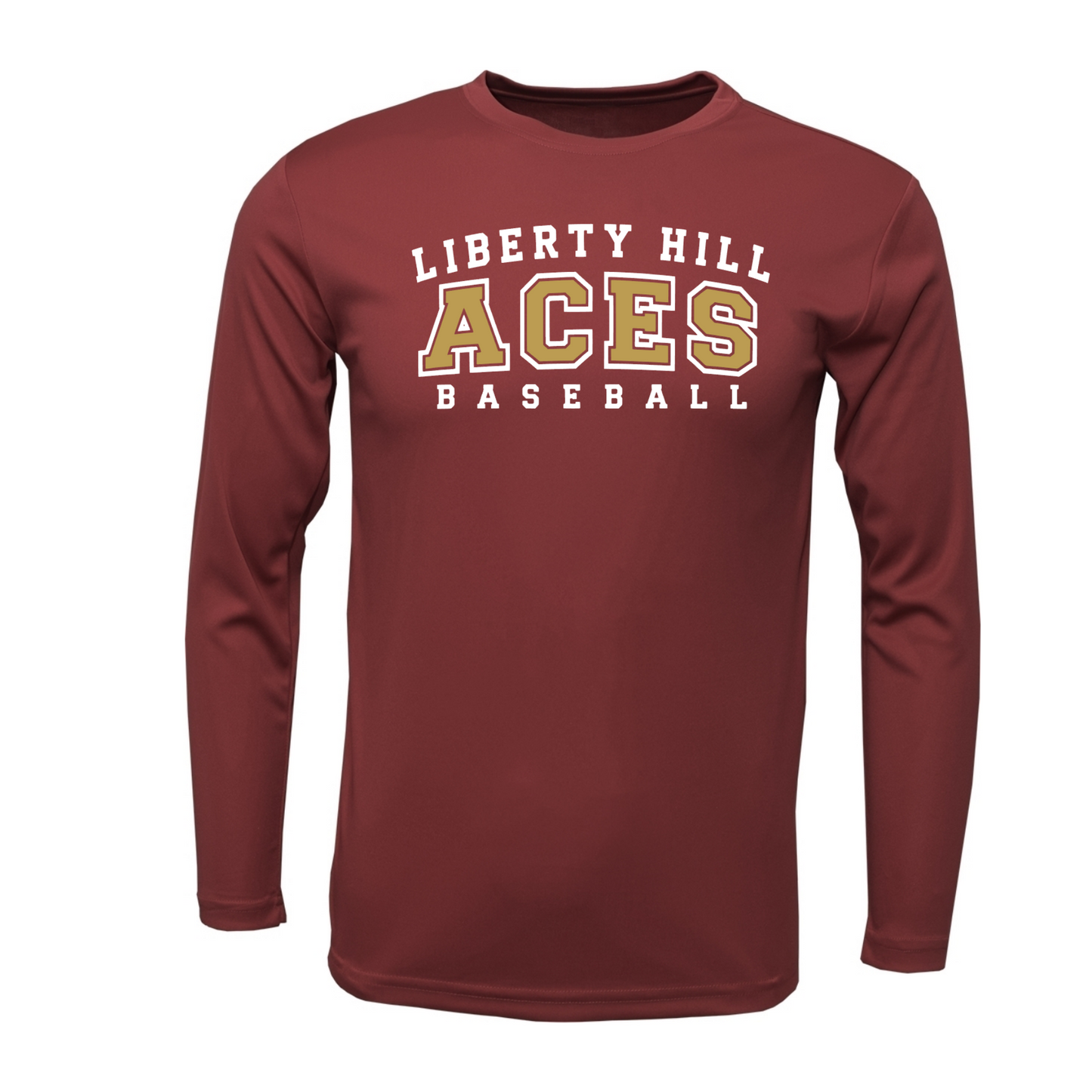 A long-sleeve maroon athletic t-shirt with 'LIBERTY HILL ACES BASEBALL' printed in white and gold on the chest, displayed on a clean white background.