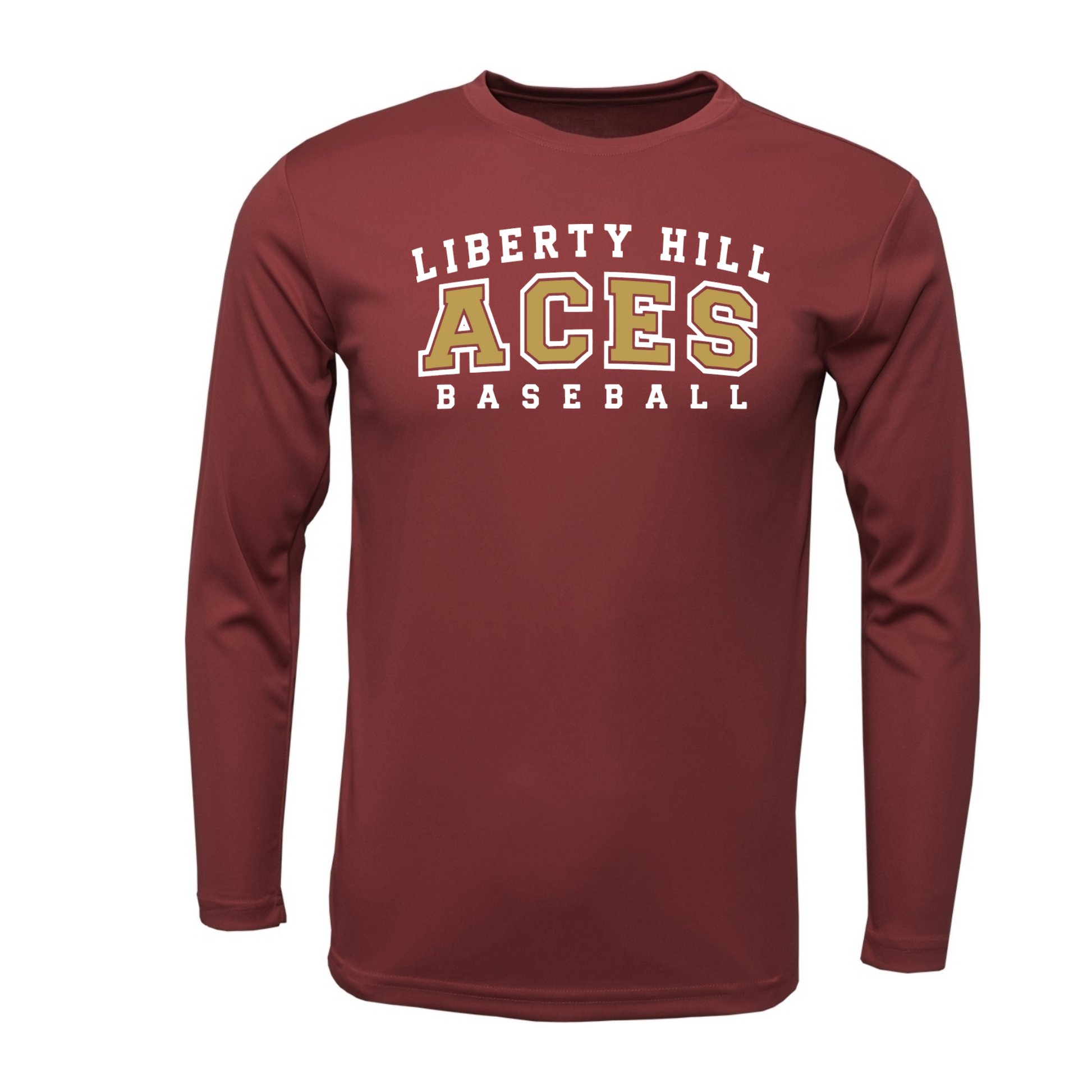 A long-sleeve maroon athletic t-shirt with 'LIBERTY HILL ACES BASEBALL' printed in white and gold on the chest, displayed on a clean white background.