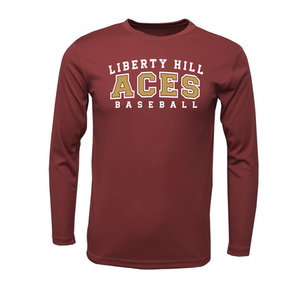 A long-sleeve maroon athletic t-shirt with 'LIBERTY HILL ACES BASEBALL' printed in white and gold on the chest, displayed on a clean white background.