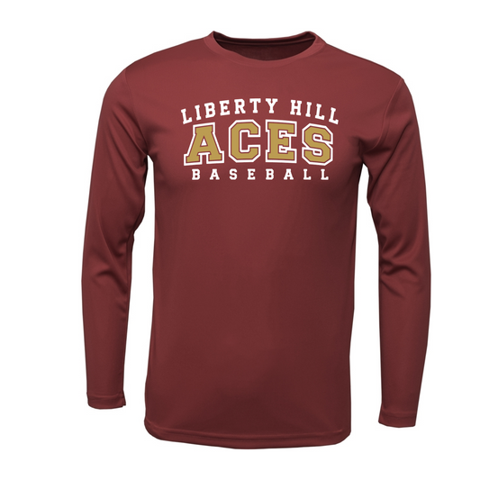 A long-sleeve maroon athletic t-shirt with 'LIBERTY HILL ACES BASEBALL' printed in white and gold on the chest, displayed on a clean white background.