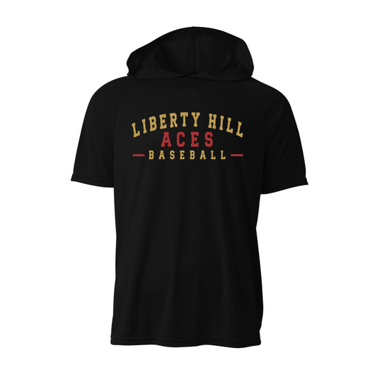 A black short-sleeve hooded athletic shirt with 'LIBERTY HILL ACES BASEBALL' printed on the chest in gold and red lettering, shown against a plain white background.