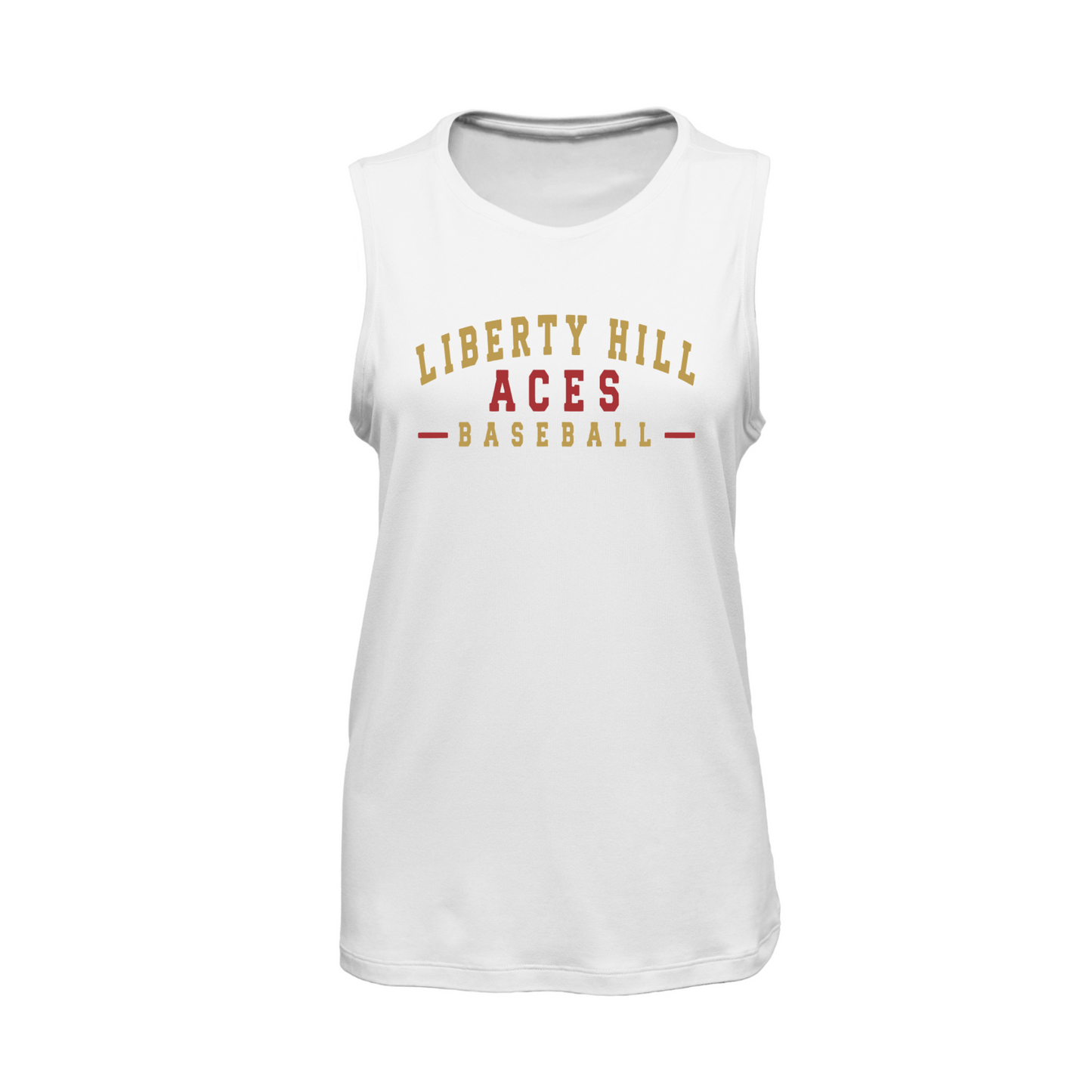 A white sleeveless athletic tank top with 'LIBERTY HILL ACES BASEBALL' printed on the chest in gold and red lettering, shown against a plain white background.