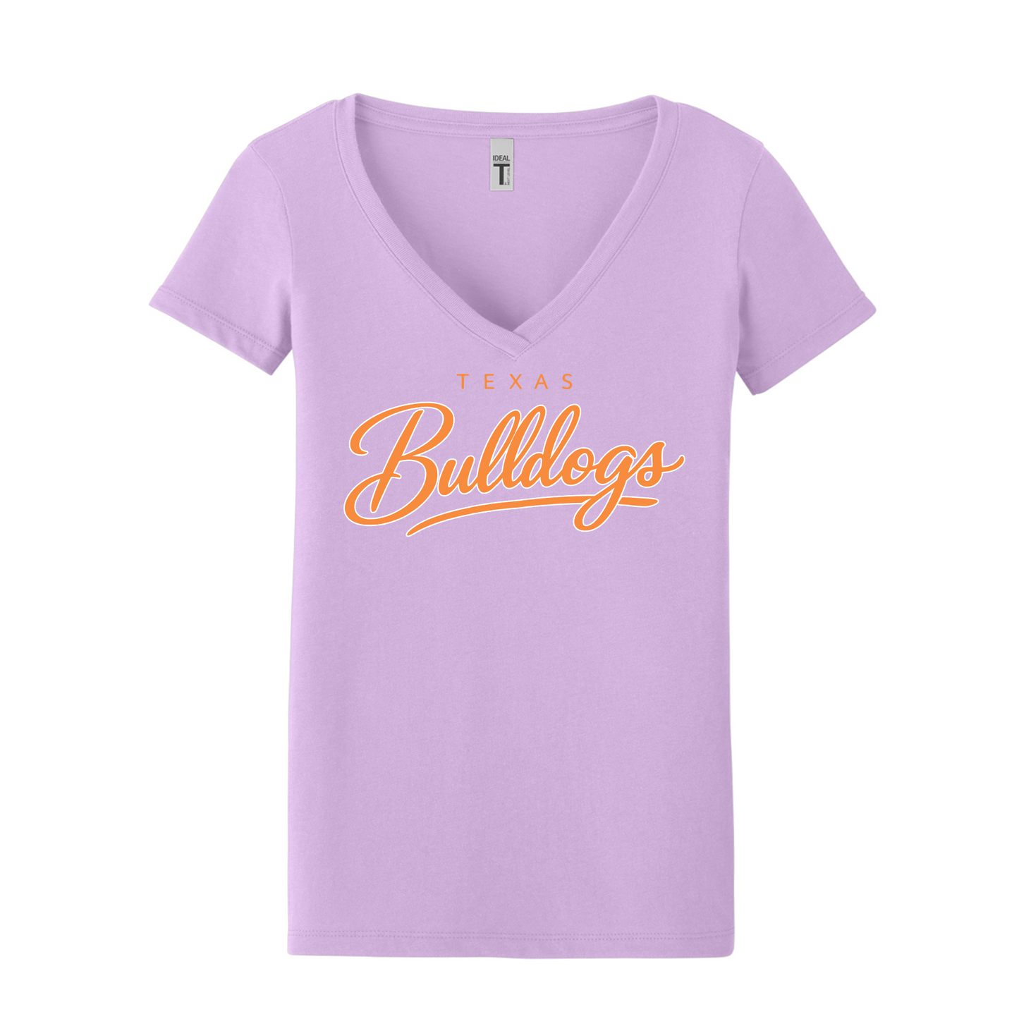 Texas Bulldogs Shirt – Lavender Baseball Mom Tee – Peach Script Bulldogs – Women’s V-Neck Spirit Wear