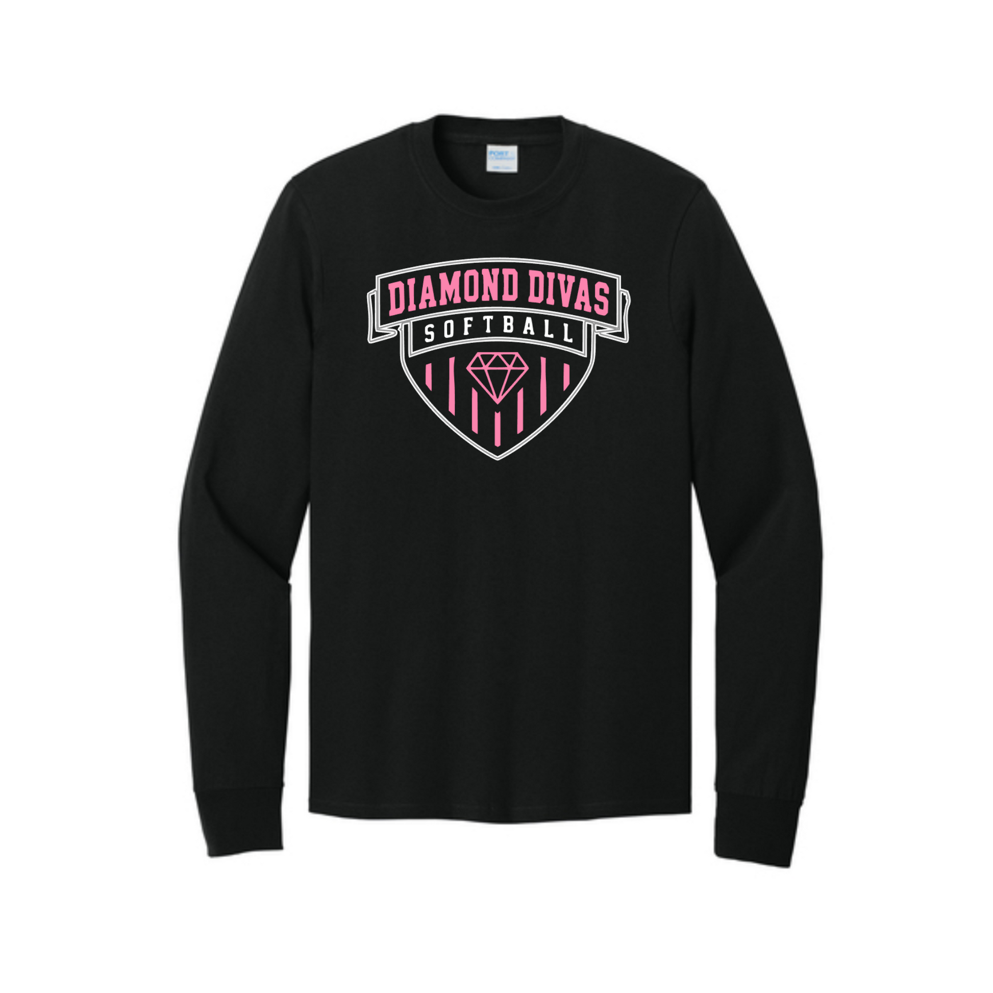 Black Diamond Divas Softball long sleeve shirt with pink and white shield team design