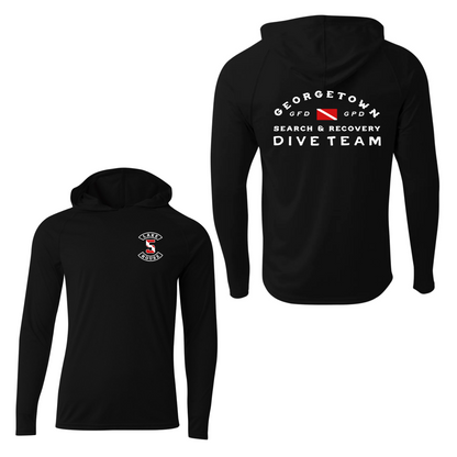 Black long-sleeve hooded shirt shown from the front and back on a white background. The front has a small white and red GEORGETOWN 5 DIVE TEAM logo on the left chest, and the back has a larger white 'GEORGETOWN SEARCH & RECOVERY DIVE TEAM' graphic with a red diving flag.