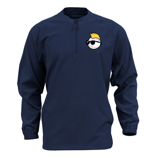Navy blue long-sleeve shirt with a cartoon character on the chest pocket against a white background