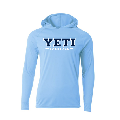 Light blue hoodie with 'YETI BASEBALL' text on a white background