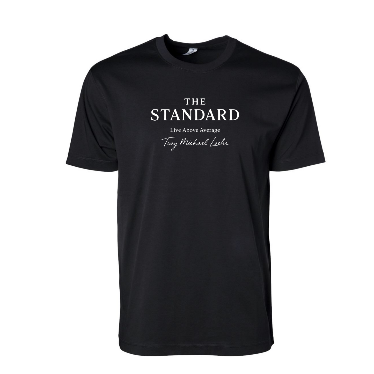 Black t-shirt with 'The Standard' text on a white background